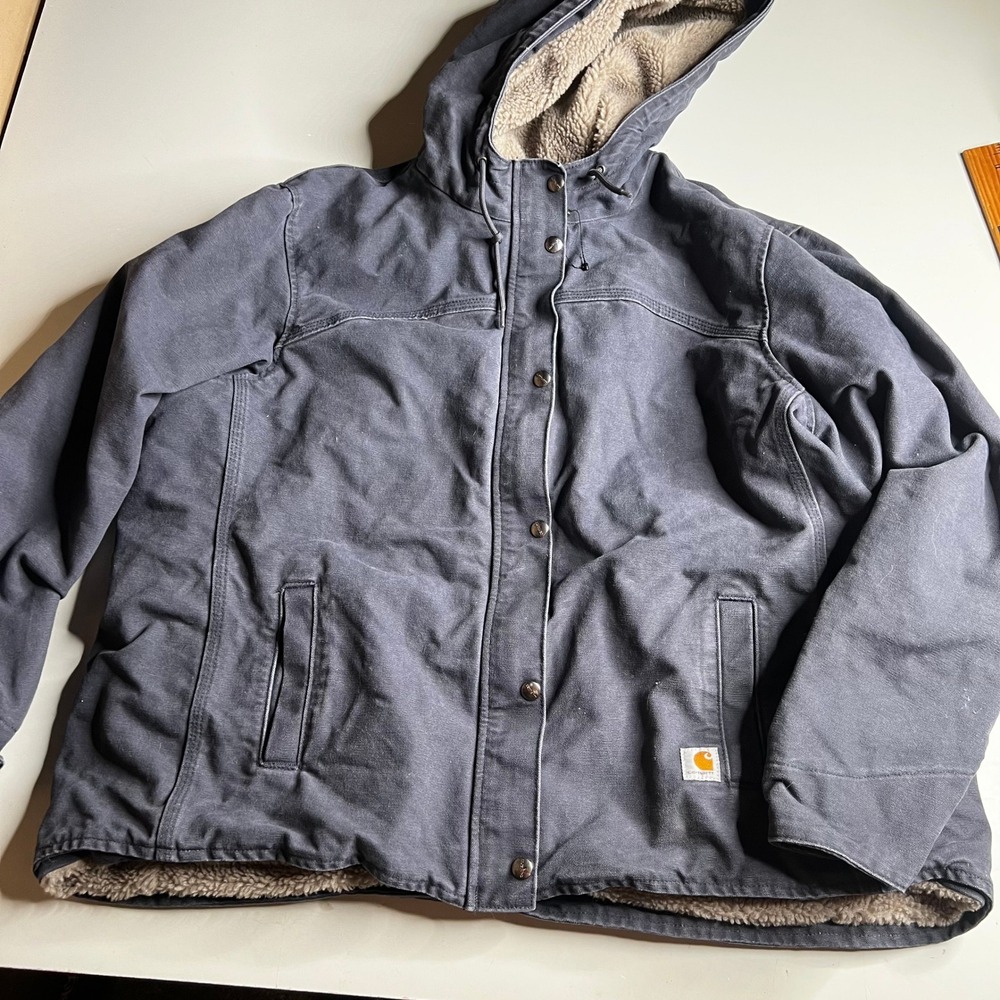 Carhartt Women XXL Gray Sherpa Lined Hooded Canvas Work Jacket Coat